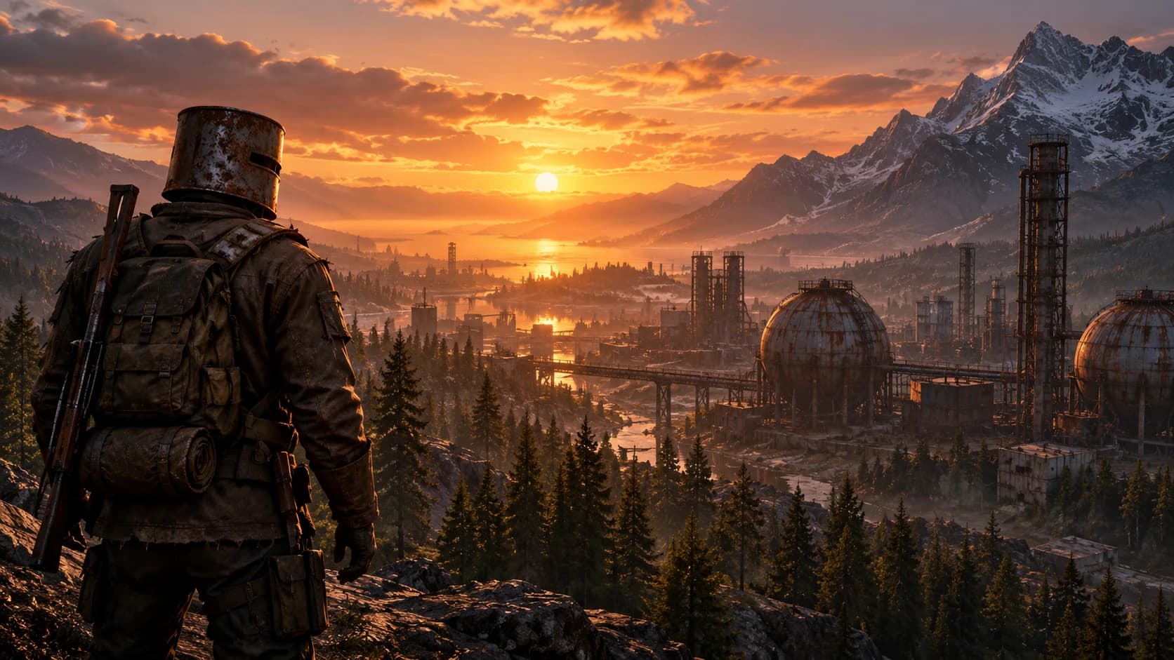 Выживший на фоне промышленной долины и гор в Rust